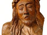wooden bust of jesus with crown of thorns on his head