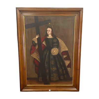 un tableau représentant une femme en robe noire tenant une croix