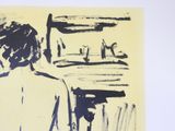 a black and white drawing of a woman looking out a window