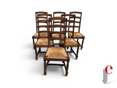 six chairs and a table in a row on a white background
