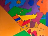 painting of a colorful landscape with houses and trees on a hill