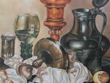 a painting of a still life with a lot of items