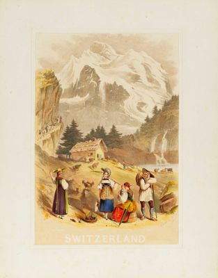 un dessin représentant un groupe de personnes à la montagne