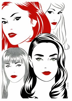 un dessin représentant trois femmes aux cheveux roux et aux yeux verts