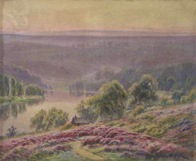 l'image d'un tableau représentant un paysage avec une rivière au premier plan