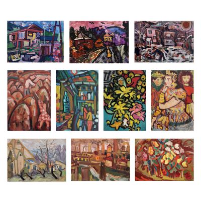 Plusieurs tableaux, de couleurs et de tailles variées, sont exposés sur une surface blanche.
