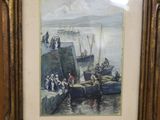 tableau encadré représentant une scène de port avec des personnes sur un bateau