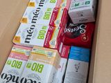 a cardboard box filled with various types of food