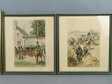two framed pictures of men riding horses in front of a building