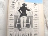un vieux livre sur lequel figure le dessin d'un homme debout sur un tabouret
