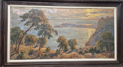 une peinture à l'huile représentant un paysage avec des arbres et un plan d'eau