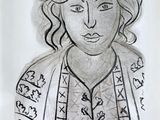 dessin représentant le visage d'une femme dans une image en noir et blanc