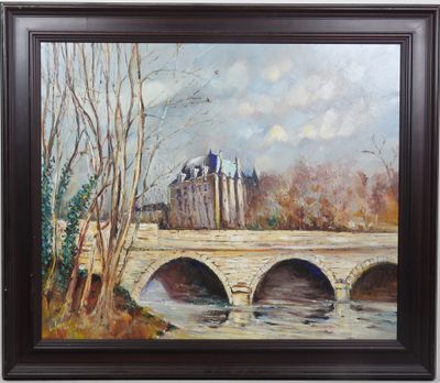 une peinture à l'huile représentant un pont sur une rivière avec un château à l'arrière-plan