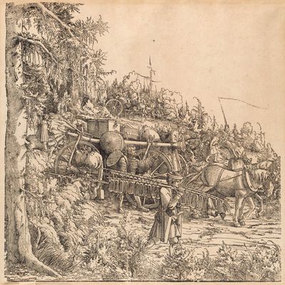 dessin représentant un groupe d'hommes avec des chevaux tirant un chariot