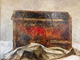 an oil painting of a box with a cloth on a table