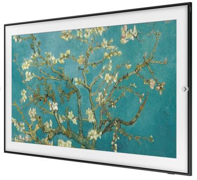 une photo encadrée représentant un amandier en fleurs sur fond bleu