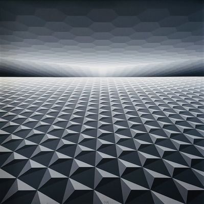 an image of a black and white geometric background with a sky in the background