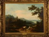 an image of a painting of a landscape with cattle and a castle in the distance