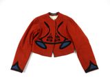 an image of a red jacket with a black and blue design on it