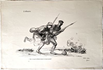 un vieux dessin représentant deux hommes armés de fusils et un chien
