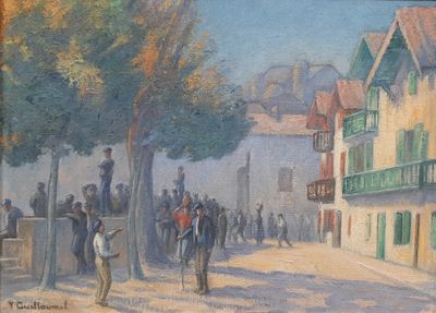 a painting of a street scene with people walking down the street