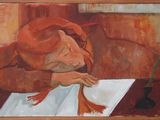 a painting of a woman writing on a piece of paper