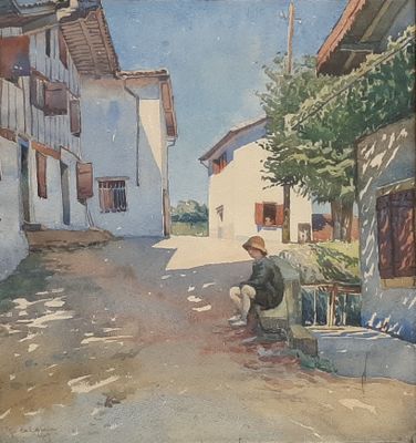 a painting of a man sitting on a bench in the middle of a street