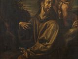an oil painting of a man sitting on a rock with a dog