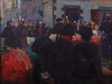 peinture d'une foule de personnes debout devant un bâtiment