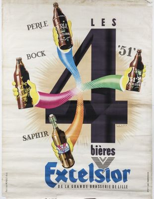 une publicité pour une marque de bière représentant quatre bouteilles de bière et le chiffre 4