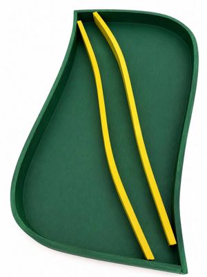 a green tray with two yellow pencils in it