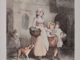 tableau représentant une femme et deux enfants avec un chien dans une cour
