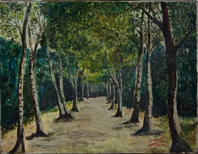 painting of a path in the woods with trees on either side of it