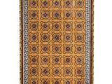 a brown and blue rug with a pattern on it