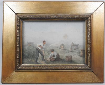 une image représentant un tableau où l'on voit deux hommes travaillant dans un champ