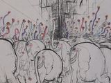 drawing of a group of elephants walking down a street with people in the background