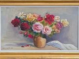 a painting of roses in a vase on a table