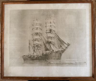 dessin d'un grand voilier dans un cadre accroché au mur