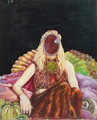tableau représentant une femme assise sur un canapé recouvert de fleurs