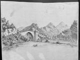 an old drawing of a bridge over a river with mountains in the background