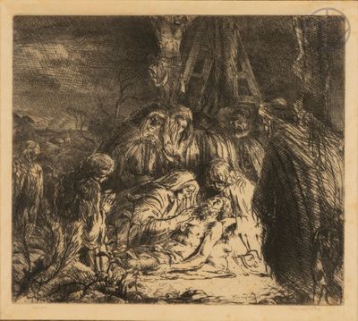 a black and white drawing of a group of people in a cave