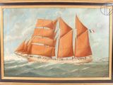 an oil painting of a sailboat in the ocean with people on board