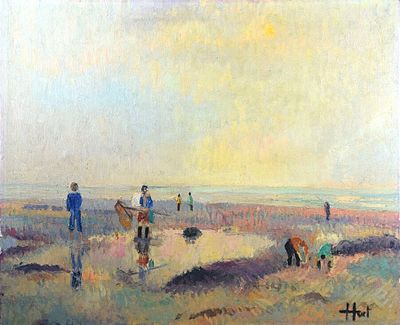 un tableau représentant un groupe de personnes travaillant dans un champ