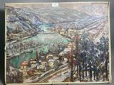 une peinture à l'huile représentant un paysage enneigé avec une rivière au premier plan