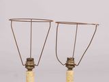 pair of yellow ceramic lamps with wire lampshads on them