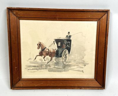 painting of a horse drawn carriage with a man on the back of it