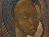un tableau représentant le visage d'une femme aux cheveux noirs