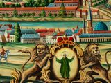 an image of a painting of a man on a horse with a city in the background