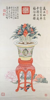 painting of a potted plant on a stand with flowers and birds