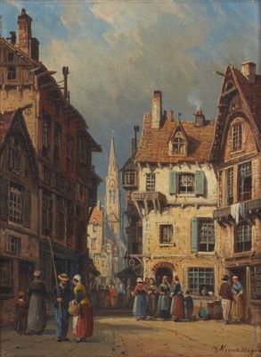 tableau représentant une scène de rue avec des personnages et des bâtiments en arrière-plan